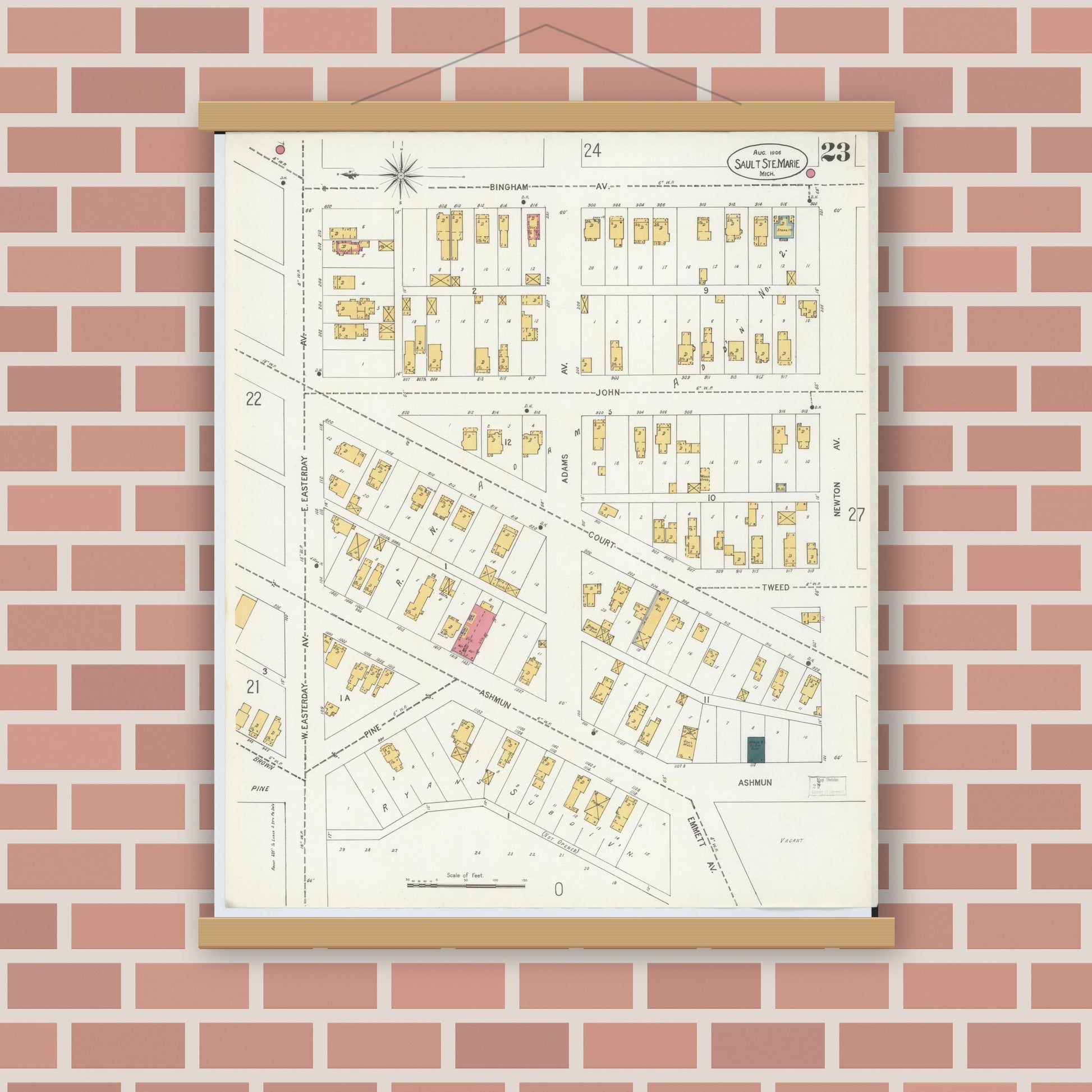 Old map wall art mockup — magnetic wood frame on brick wall — Sanborn Fire Insurance Map from Sault Sainte Marie, Chippewa County, Michigan (1906), Sheet #0023