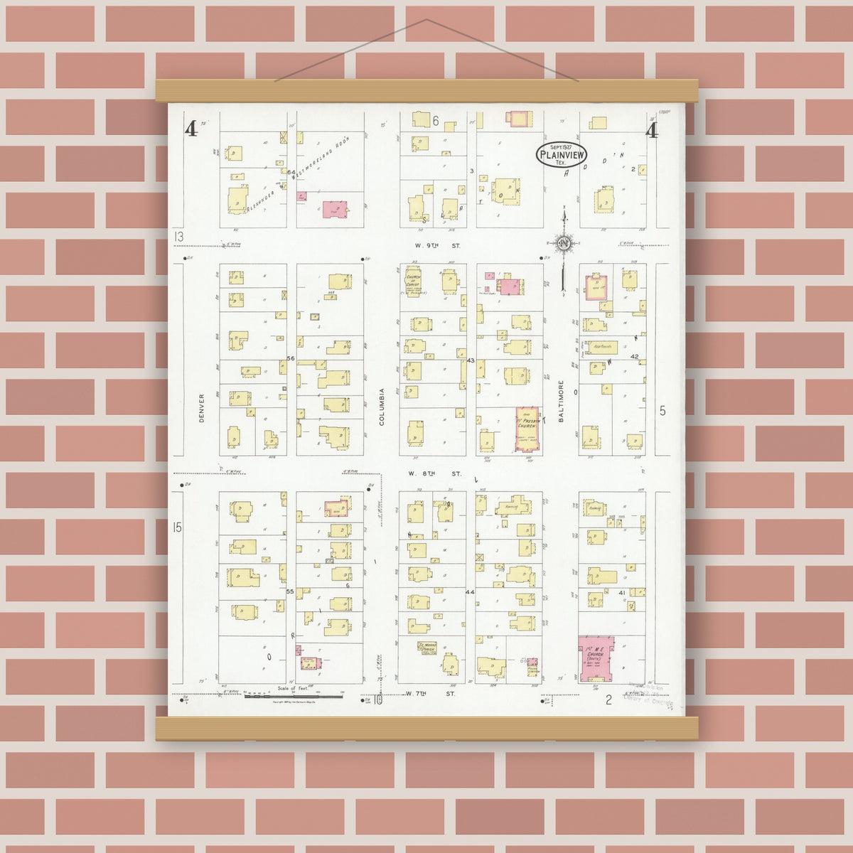 Old map wall art mockup — magnetic wood frame on brick wall — Sanborn Fire Insurance Map from Plainview, Hale County, Texas (1927), Sheet #0004