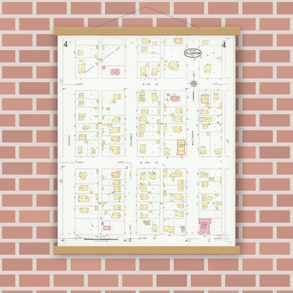 Old map wall art mockup — magnetic wood frame on brick wall — Sanborn Fire Insurance Map from Plainview, Hale County, Texas (1927), Sheet #0004