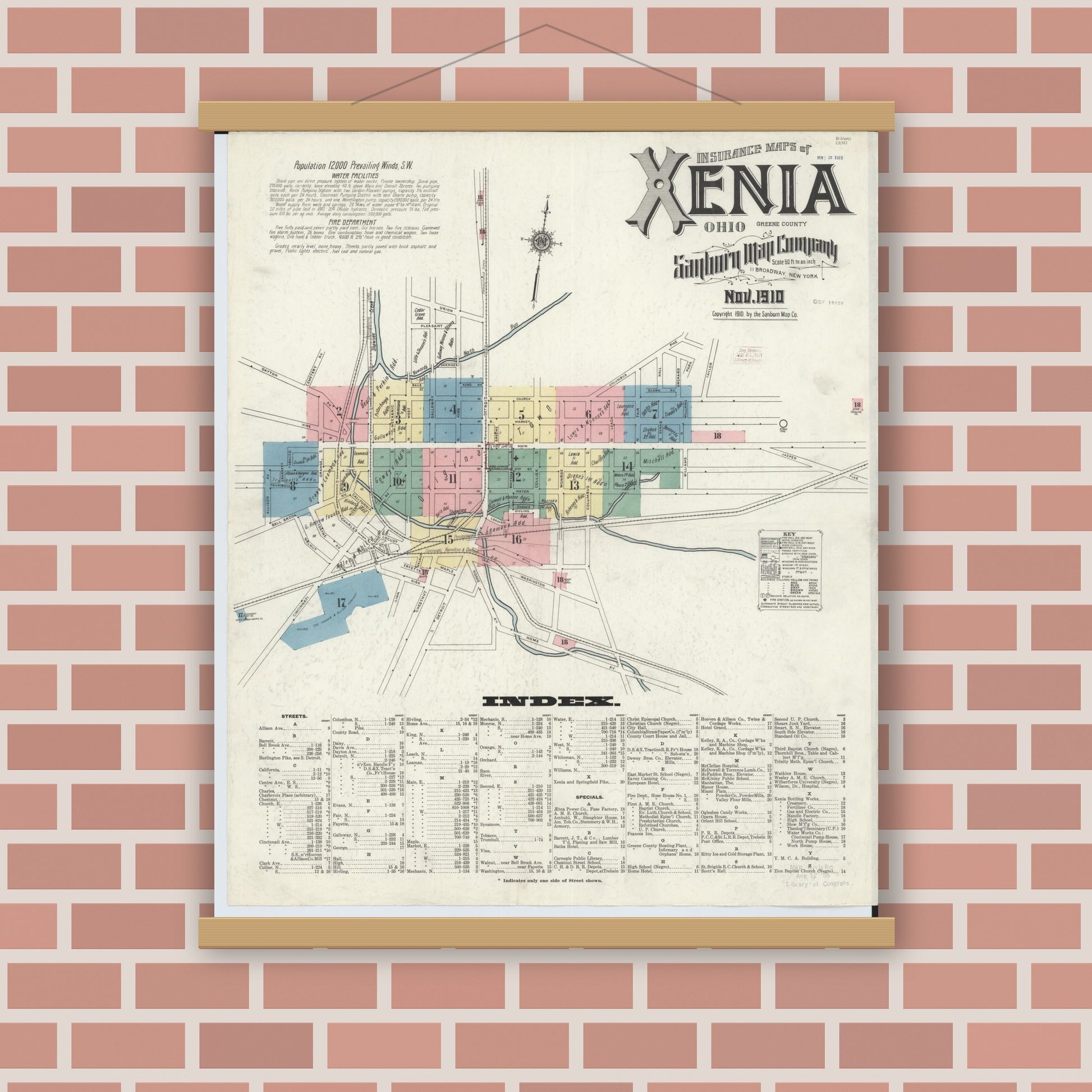 Old map wall art mockup — magnetic wood frame on brick wall — Sanborn Fire Insurance Map from Xenia, Greene County, Ohio (1910) - Complete Map Set