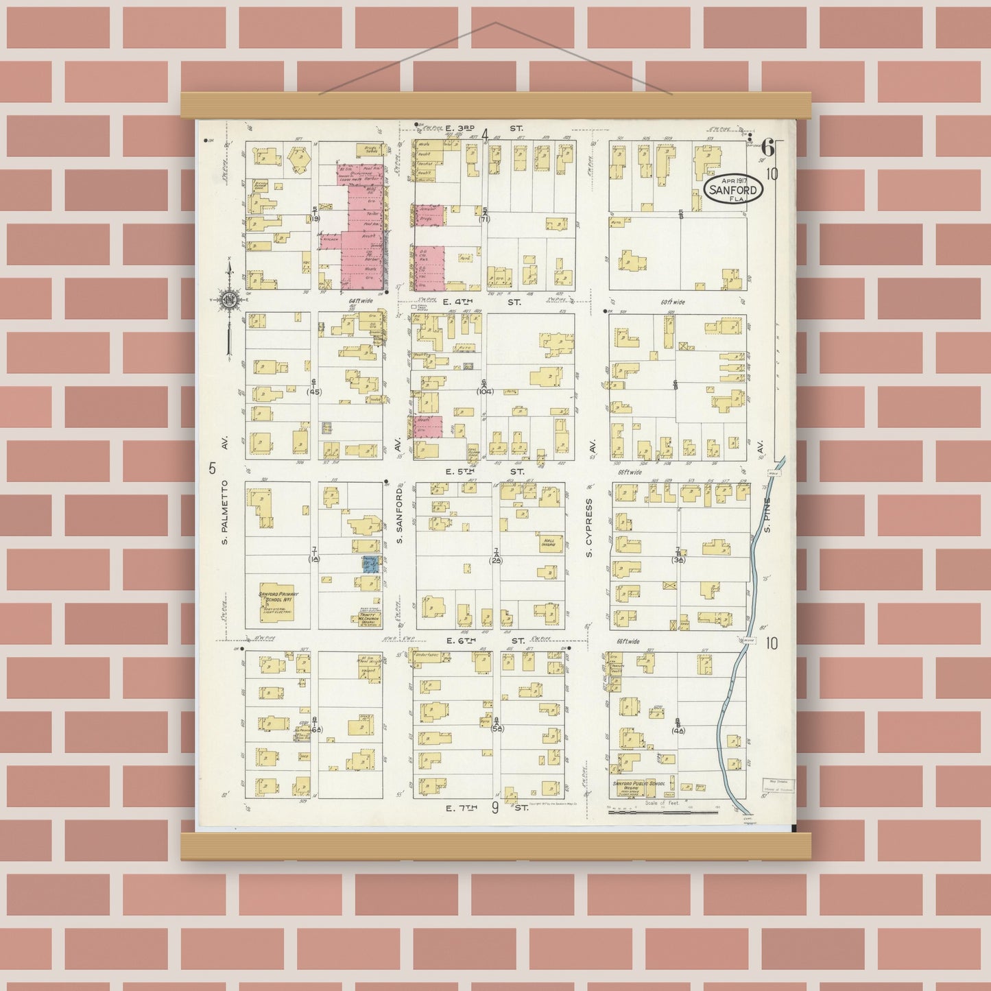 Old map wall art mockup — magnetic wood frame on brick wall — Sanborn Fire Insurance Map from Sanford, Seminole County, Florida (1917), Sheet #0006