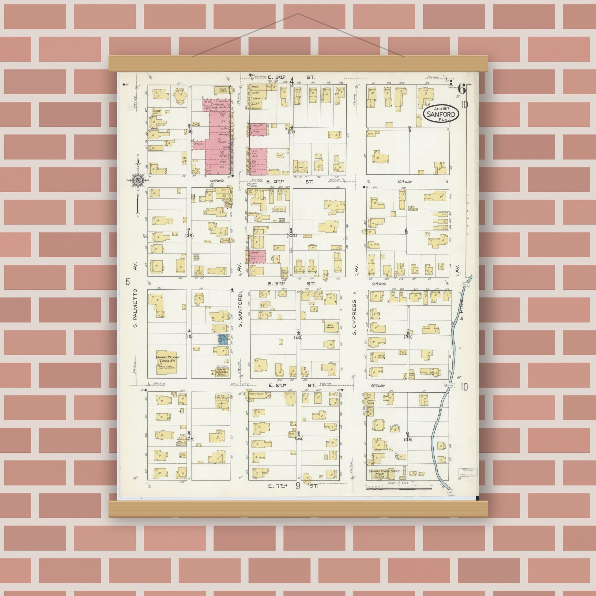Old map wall art mockup — magnetic wood frame on brick wall — Sanborn Fire Insurance Map from Sanford, Seminole County, Florida (1917), Sheet #0006
