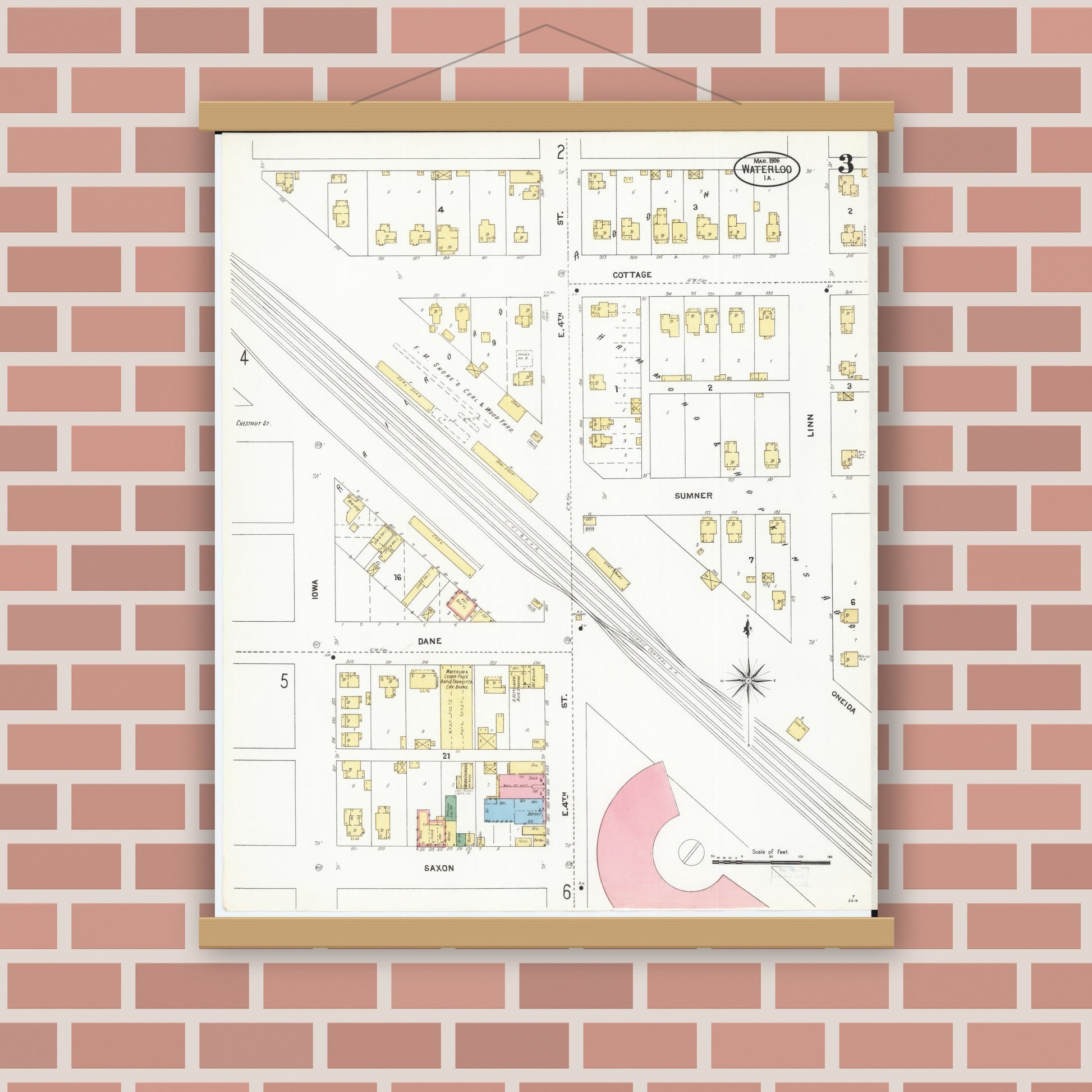 Old map wall art mockup — magnetic wood frame on brick wall — Sanborn Fire Insurance Map from Waterloo, Black Hawk County, Iowa (1906), Sheet #0003