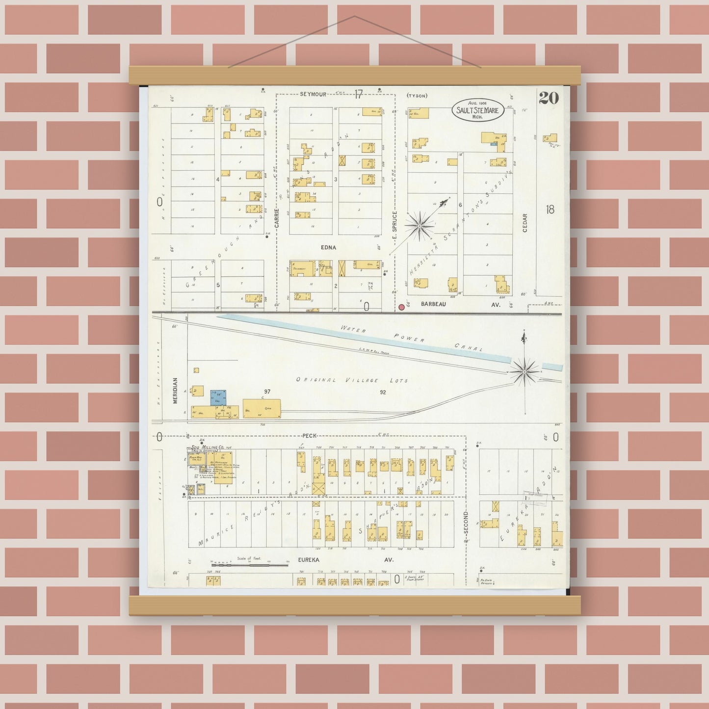 Old map wall art mockup — magnetic wood frame on brick wall — Sanborn Fire Insurance Map from Sault Sainte Marie, Chippewa County, Michigan (1906), Sheet #0020