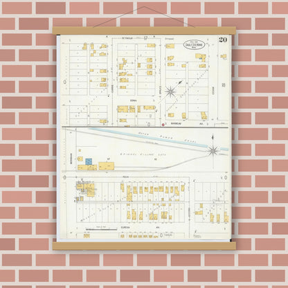 Old map wall art mockup — magnetic wood frame on brick wall — Sanborn Fire Insurance Map from Sault Sainte Marie, Chippewa County, Michigan (1906), Sheet #0020