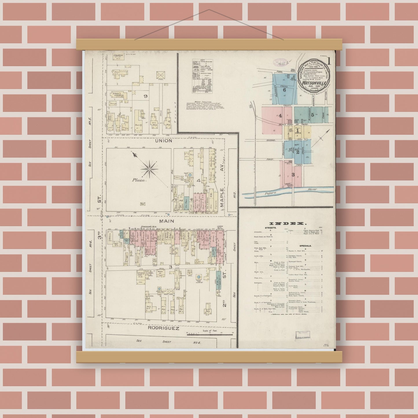 Old map wall art mockup — magnetic wood frame on brick wall — Sanborn Fire Insurance Map from Watsonville, Santa Cruz County, California (1886) - Complete Map Set