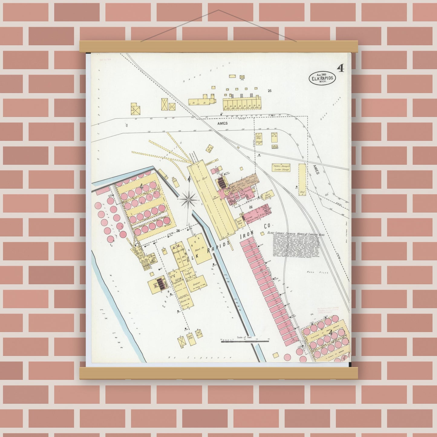 Old map wall art mockup — magnetic wood frame on brick wall — Sanborn Fire Insurance Map from Elk Rapids, Antrim County, Michigan (1900), Sheet #0004