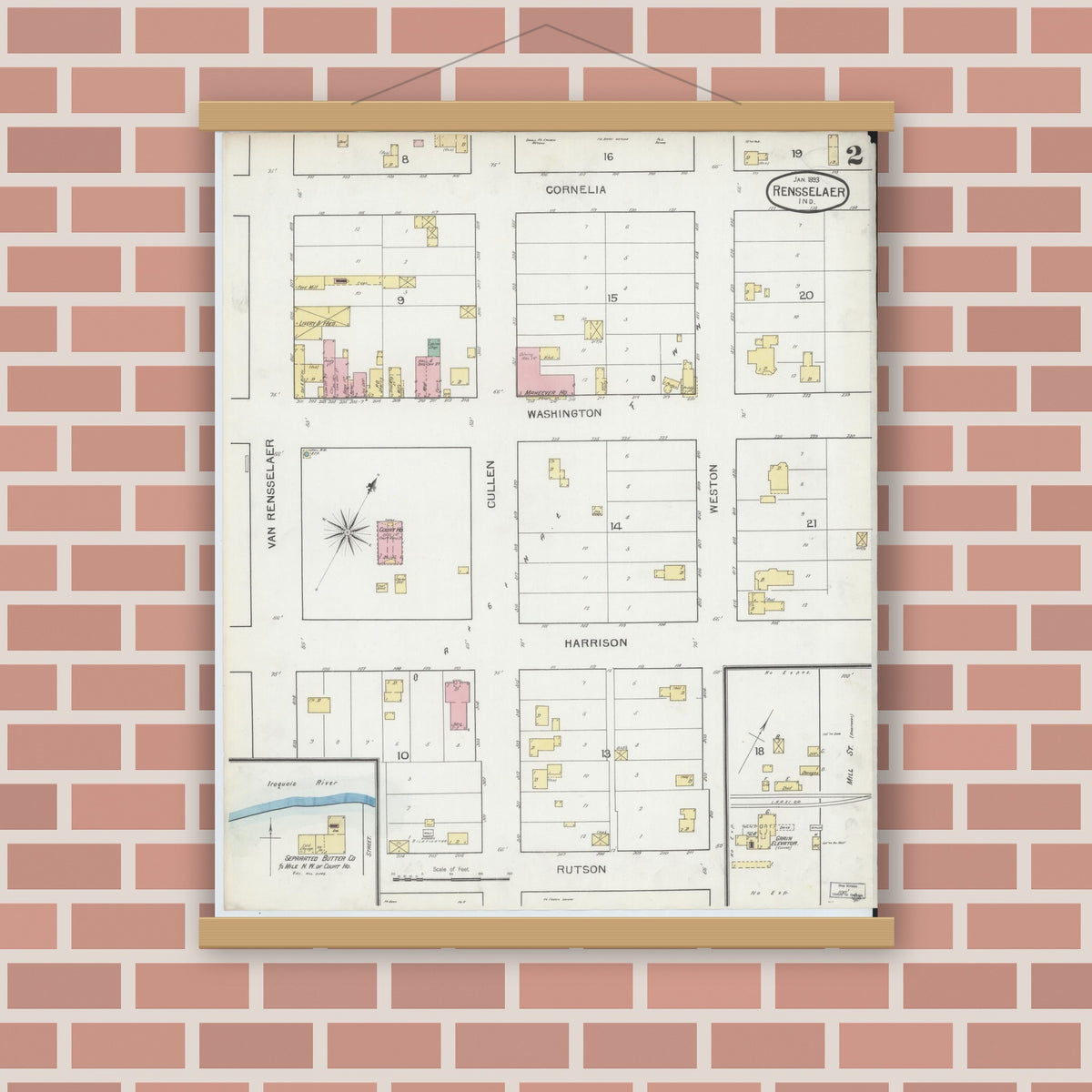 Old map wall art mockup — magnetic wood frame on brick wall — Sanborn Fire Insurance Map from Rensselaer, Jasper County, Indiana (1893), Sheet #0002