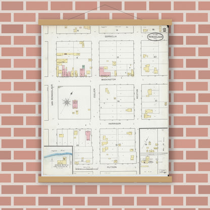 Old map wall art mockup — magnetic wood frame on brick wall — Sanborn Fire Insurance Map from Rensselaer, Jasper County, Indiana (1893), Sheet #0002