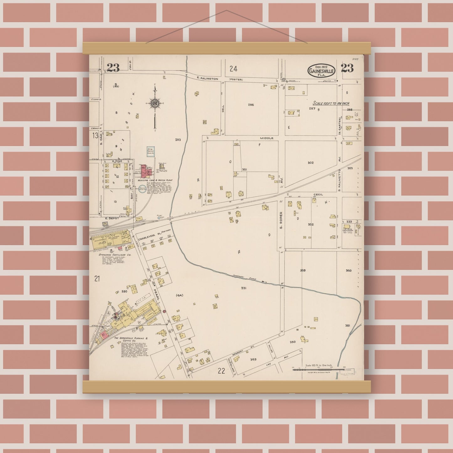 Old map wall art mockup — magnetic wood frame on brick wall — Sanborn Fire Insurance Map from Gainesville, Alachua County, Florida (1922), Sheet #0023