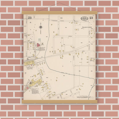 Old map wall art mockup — magnetic wood frame on brick wall — Sanborn Fire Insurance Map from Gainesville, Alachua County, Florida (1922), Sheet #0023