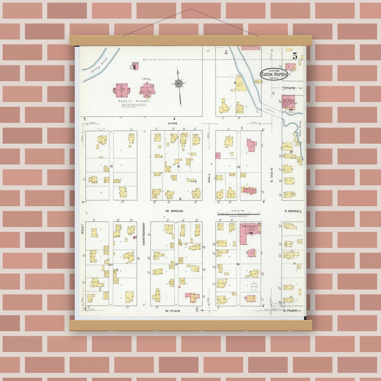 Old map wall art mockup — magnetic wood frame on brick wall — Sanborn Fire Insurance Map from Eaton Rapids, Eaton County, Michigan (1918), Sheet #0005