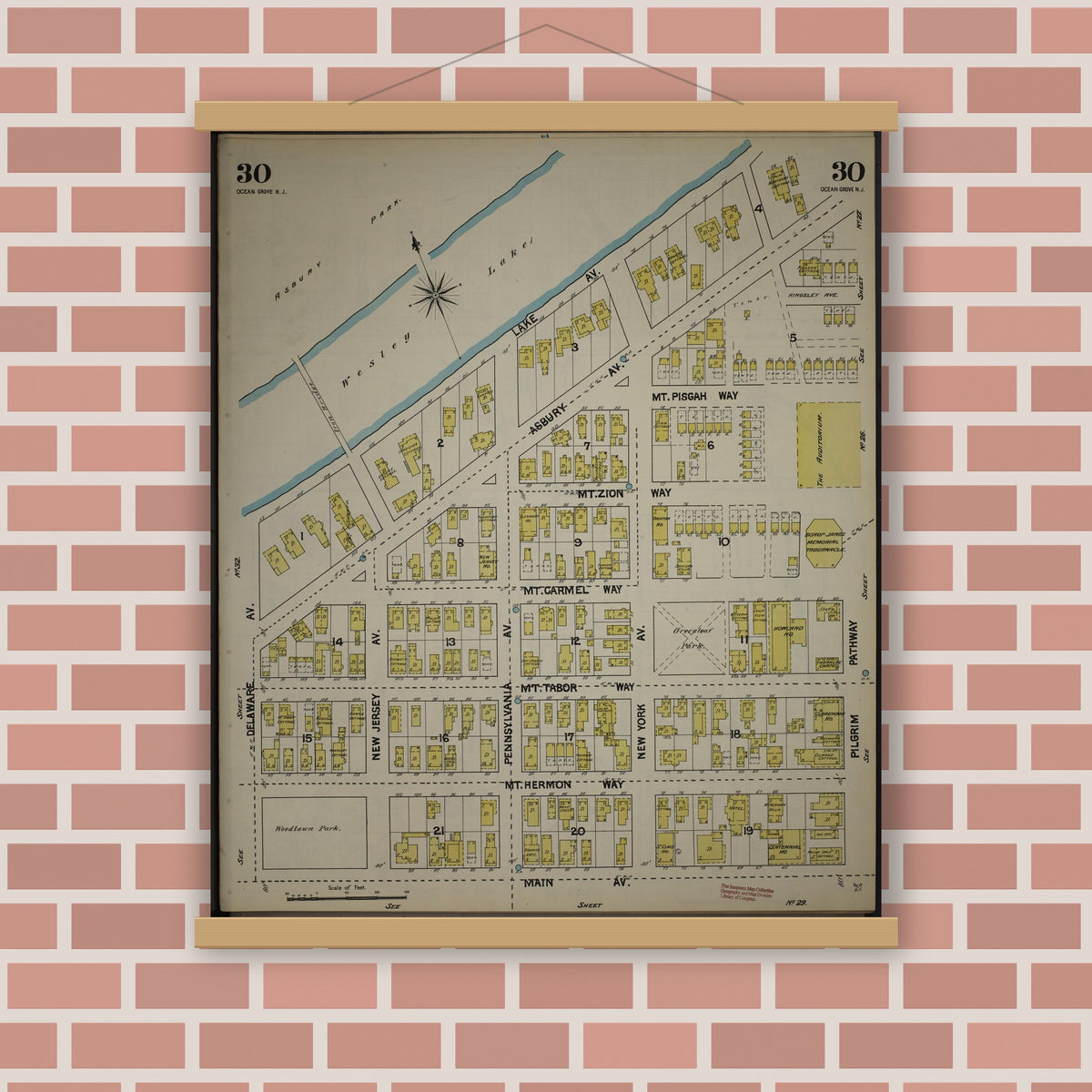 Old map wall art mockup — magnetic wood frame on brick wall — Sanborn Fire Insurance Map from New Jersey Coast, New Jersey Coast, New Jersey (1890), Sheet #0030