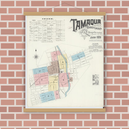 Old map wall art mockup — magnetic wood frame on brick wall — Sanborn Fire Insurance Map from Tamaqua, Schuylkill County, Pennsylvania (1891), Sheet #0001