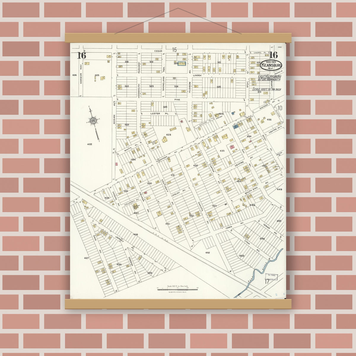Old map wall art mockup — magnetic wood frame on brick wall — Sanborn Fire Insurance Map from Keansburg, Monmouth County, New Jersey (1923), Sheet #0016