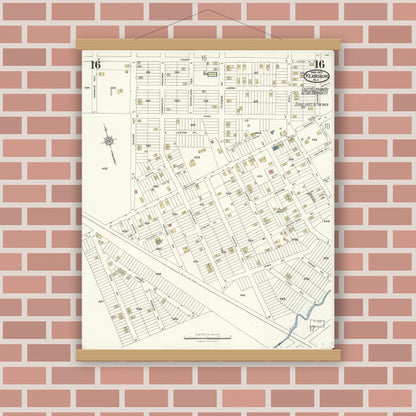 Old map wall art mockup — magnetic wood frame on brick wall — Sanborn Fire Insurance Map from Keansburg, Monmouth County, New Jersey (1923), Sheet #0016