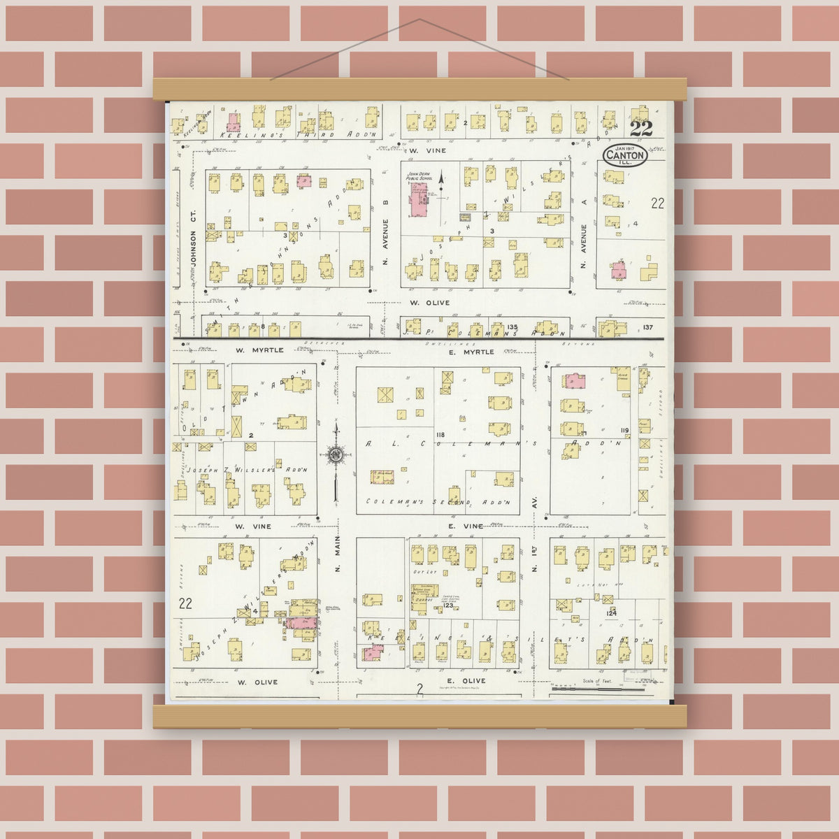 Old map wall art mockup — magnetic wood frame on brick wall — Sanborn Fire Insurance Map from Canton, Fulton County, Illinois (1917), Sheet #0022