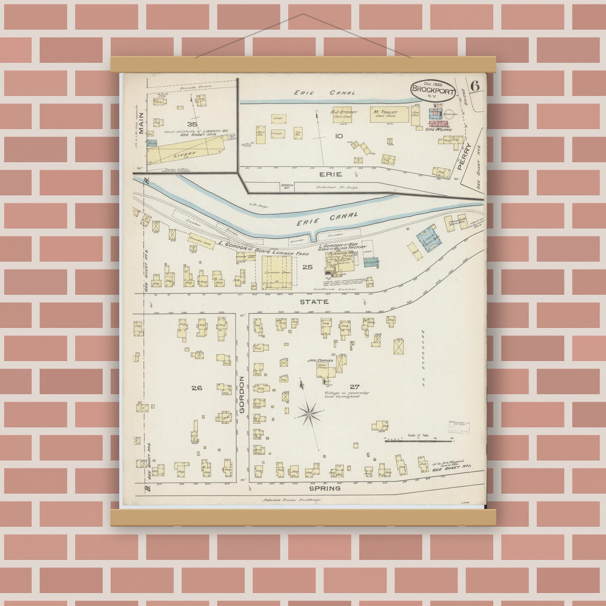 Old map wall art mockup — magnetic wood frame on brick wall — Sanborn Fire Insurance Map from Brockport, Monroe County, New York (1885), Sheet #0006