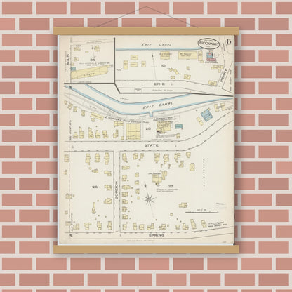 Old map wall art mockup — magnetic wood frame on brick wall — Sanborn Fire Insurance Map from Brockport, Monroe County, New York (1885), Sheet #0006