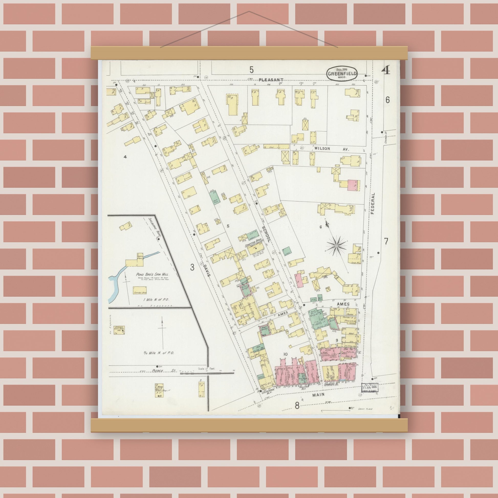 Old map wall art mockup — magnetic wood frame on brick wall — Sanborn Fire Insurance Map from Greenfield, Franklin County, Massachusetts (1896), Sheet #0004