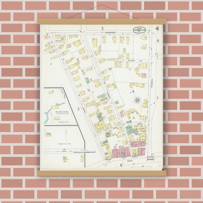 Old map wall art mockup — magnetic wood frame on brick wall — Sanborn Fire Insurance Map from Greenfield, Franklin County, Massachusetts (1896), Sheet #0004