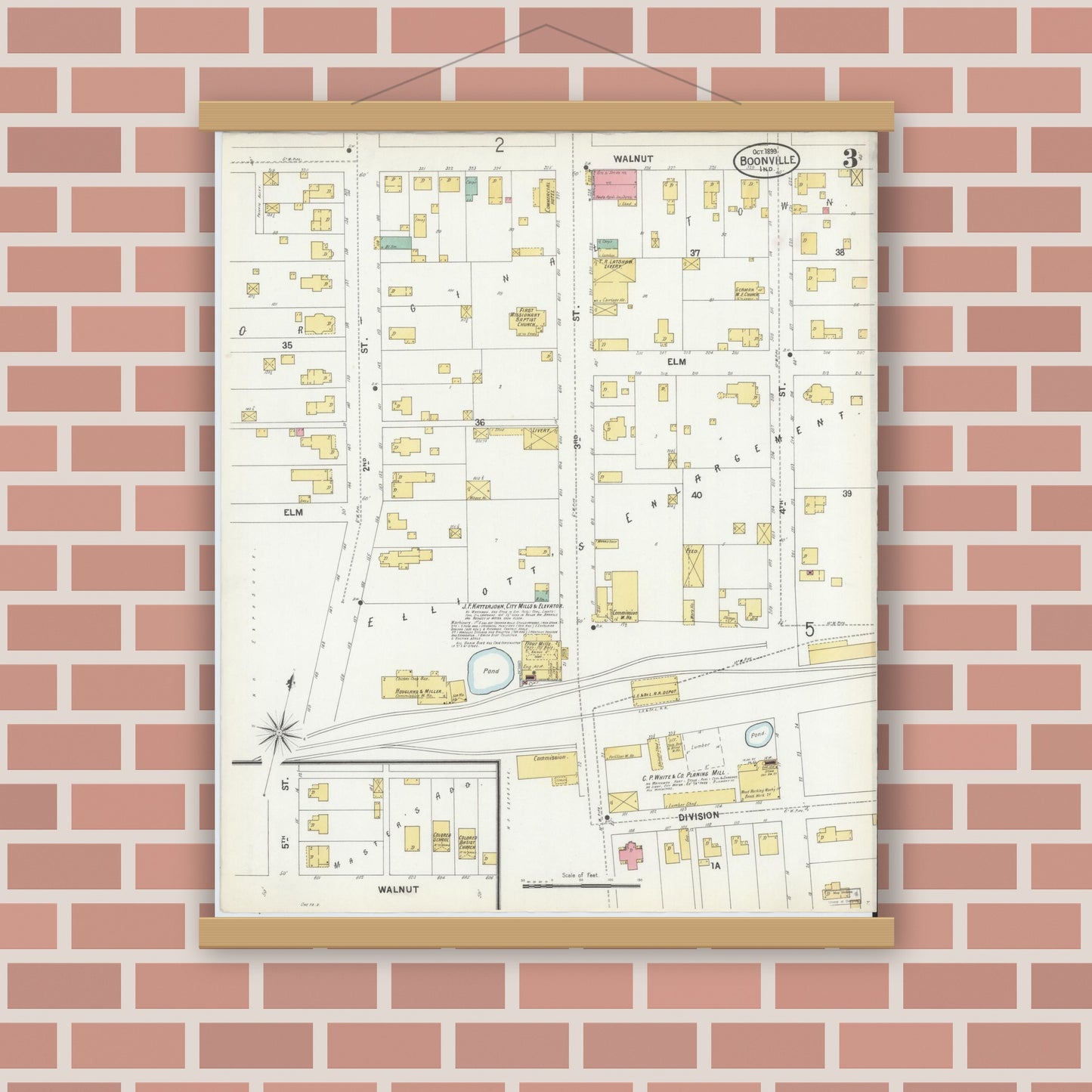 Old map wall art mockup — magnetic wood frame on brick wall — Sanborn Fire Insurance Map from Boonville, Warrick County, Indiana (1899), Sheet #0003