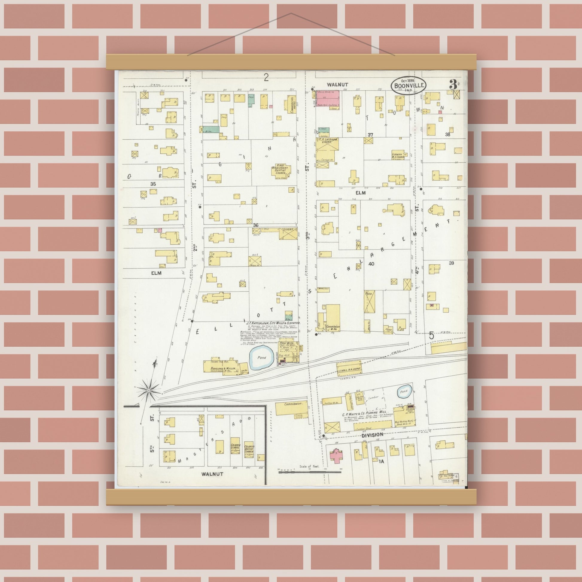 Old map wall art mockup — magnetic wood frame on brick wall — Sanborn Fire Insurance Map from Boonville, Warrick County, Indiana (1899), Sheet #0003