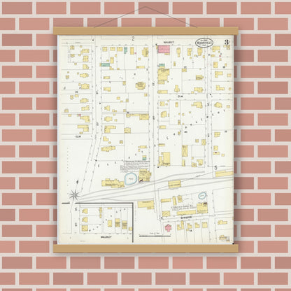 Old map wall art mockup — magnetic wood frame on brick wall — Sanborn Fire Insurance Map from Boonville, Warrick County, Indiana (1899), Sheet #0003