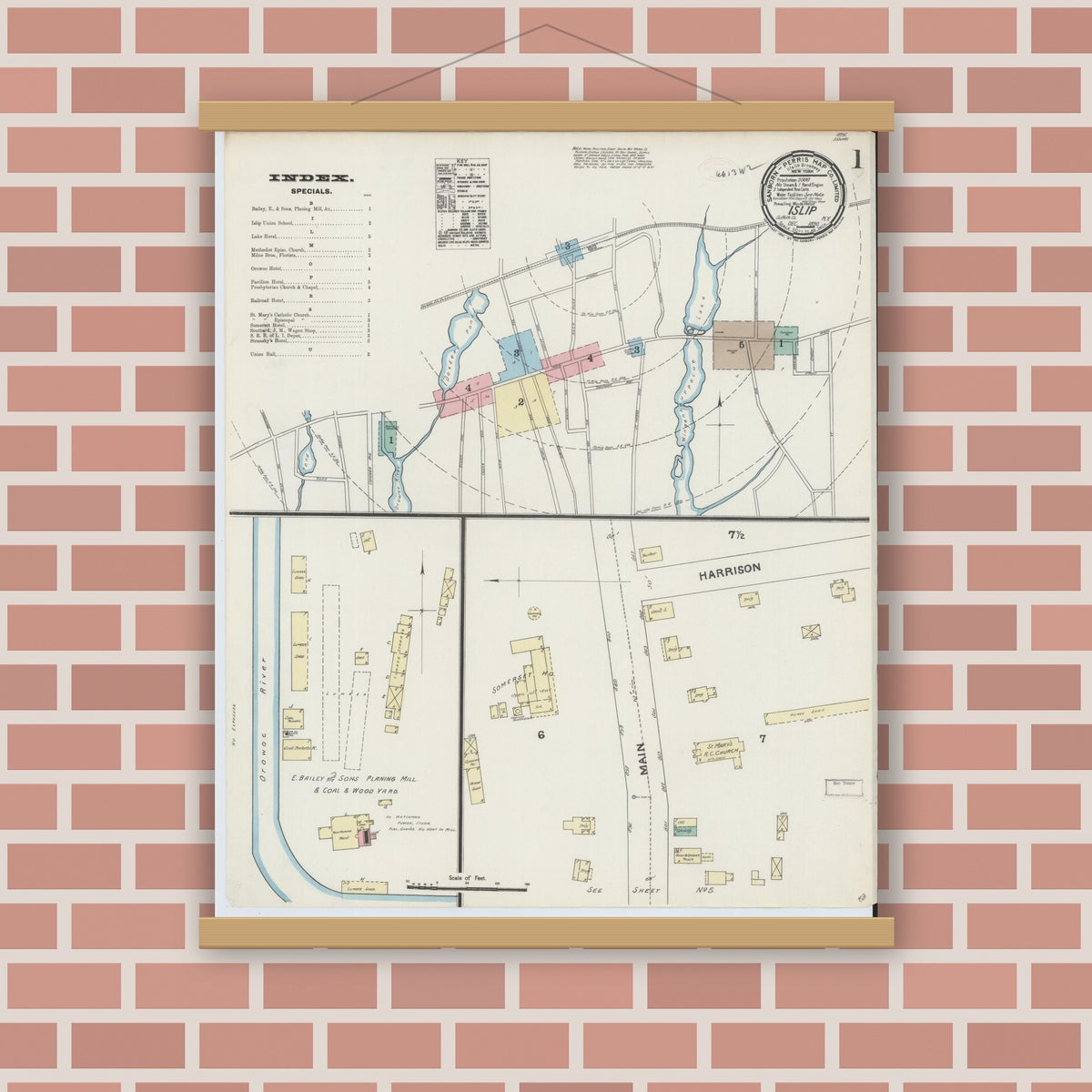 Old map wall art mockup — magnetic wood frame on brick wall — Sanborn Fire Insurance Map from Islip, Suffolk County, New York (1890), Sheet #0001