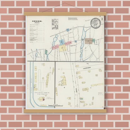 Old map wall art mockup — magnetic wood frame on brick wall — Sanborn Fire Insurance Map from Islip, Suffolk County, New York (1890), Sheet #0001