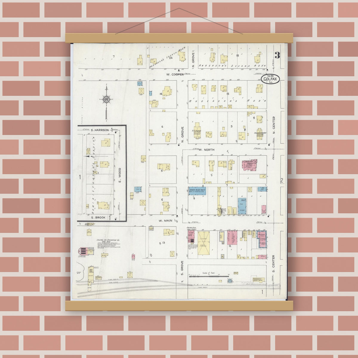 Old map wall art mockup — magnetic wood frame on brick wall — Sanborn Fire Insurance Map from Colfax, McLean County, Illinois (1914), Sheet #0003