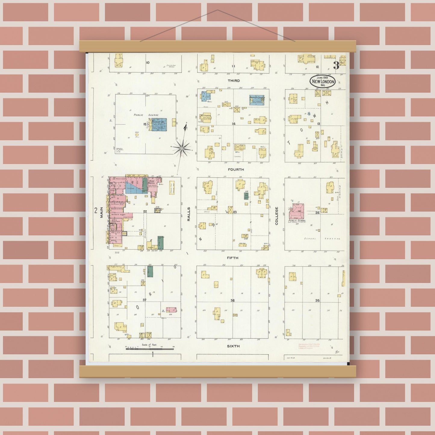 Old map wall art mockup — magnetic wood frame on brick wall — Sanborn Fire Insurance Map from New London, Ralls County, Missouri (1909), Sheet #0003