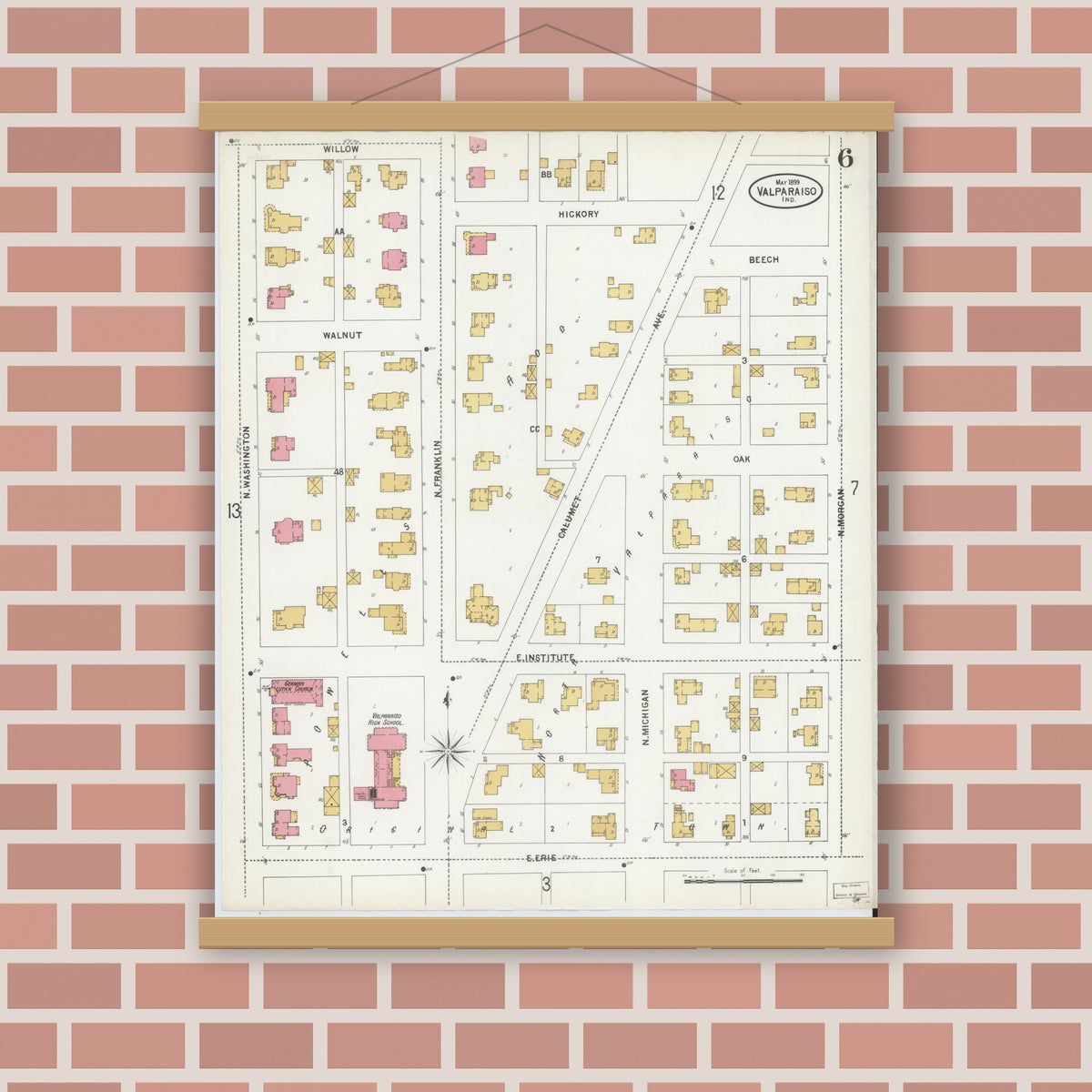 Old map wall art mockup — magnetic wood frame on brick wall — Sanborn Fire Insurance Map from Valparaiso, Porter County, Indiana (1899), Sheet #0006