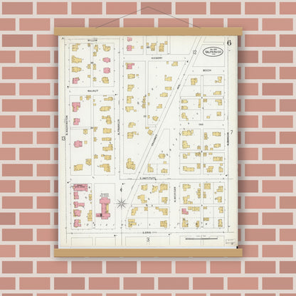 Old map wall art mockup — magnetic wood frame on brick wall — Sanborn Fire Insurance Map from Valparaiso, Porter County, Indiana (1899), Sheet #0006