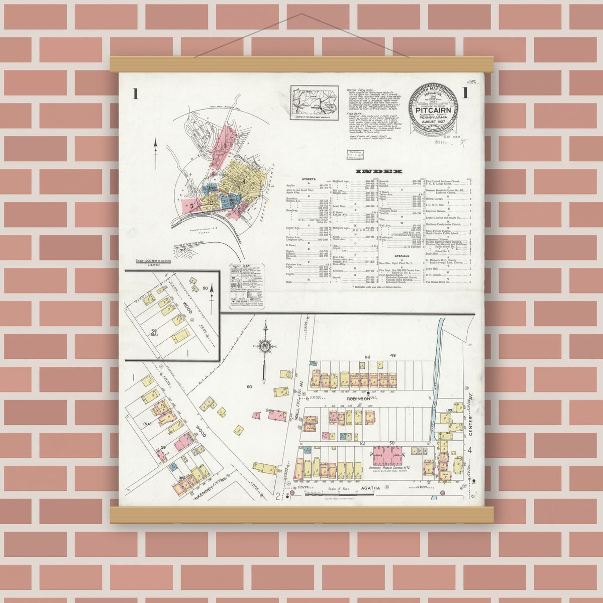 Old map wall art mockup — magnetic wood frame on brick wall — Sanborn Fire Insurance Map from Pitcairn, Allegheny County, Pennsylvania (1927) - Complete Map Set