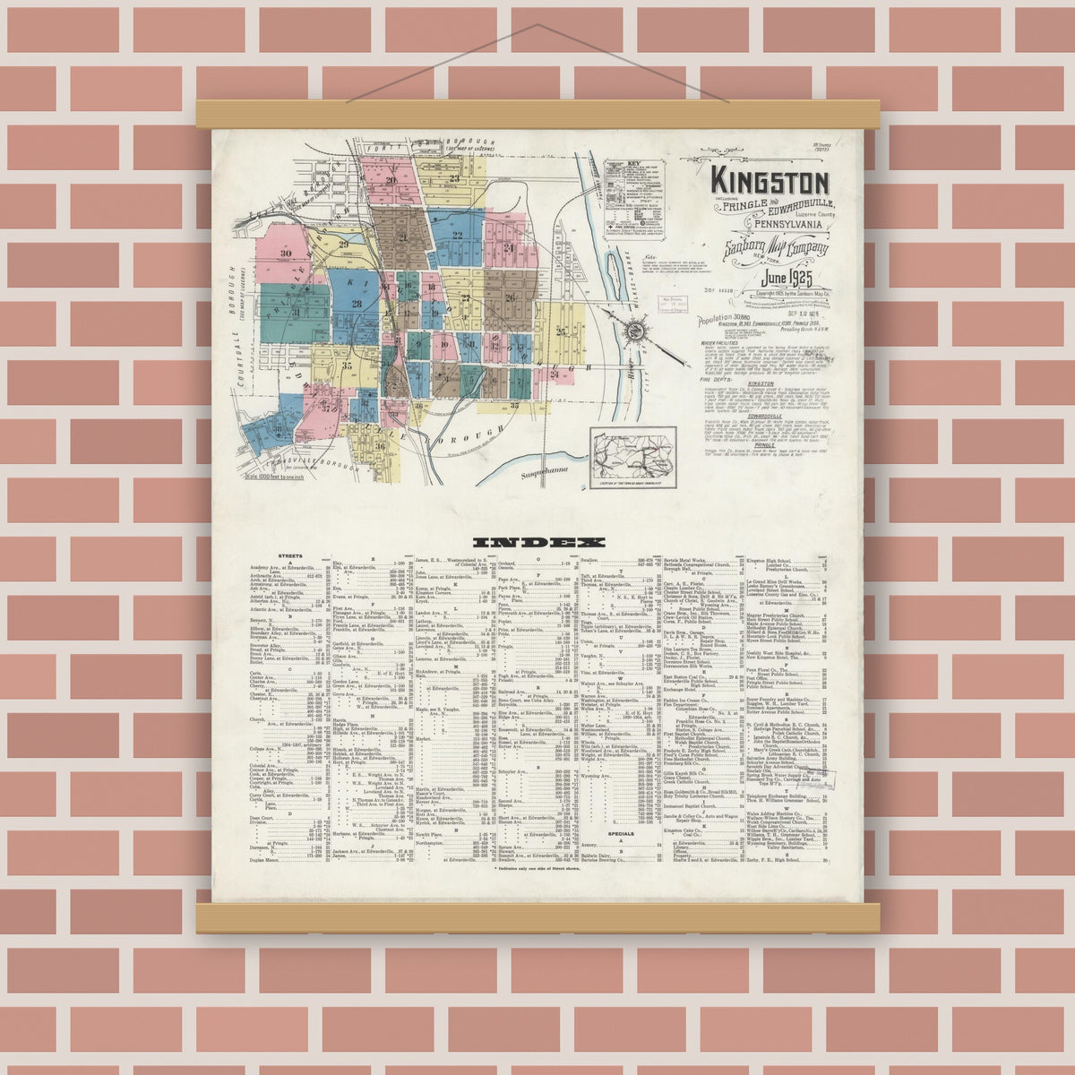 Old map wall art mockup — magnetic wood frame on brick wall — Sanborn Fire Insurance Map from Kingston, Luzerne County, Pennsylvania (1925), Sheet #0001
