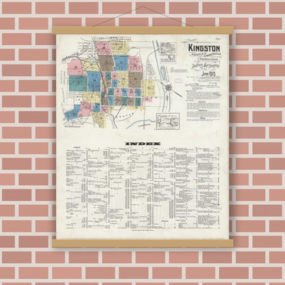 Old map wall art mockup — magnetic wood frame on brick wall — Sanborn Fire Insurance Map from Kingston, Luzerne County, Pennsylvania (1925), Sheet #0001