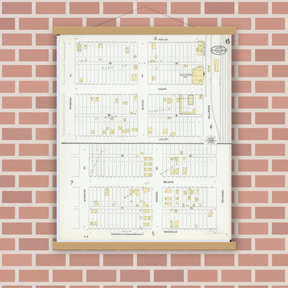 Old map wall art mockup — magnetic wood frame on brick wall — Sanborn Fire Insurance Map from Virginia, Saint Louis County, Minnesota (1904), Sheet #0006