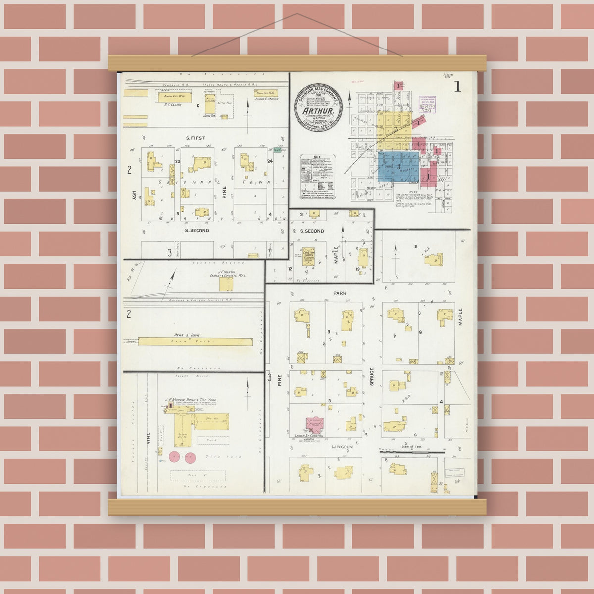 Old map wall art mockup — magnetic wood frame on brick wall — Sanborn Fire Insurance Map from Arthur, Moultrie And Douglas Counties, Illinois (1907), Sheet #0001