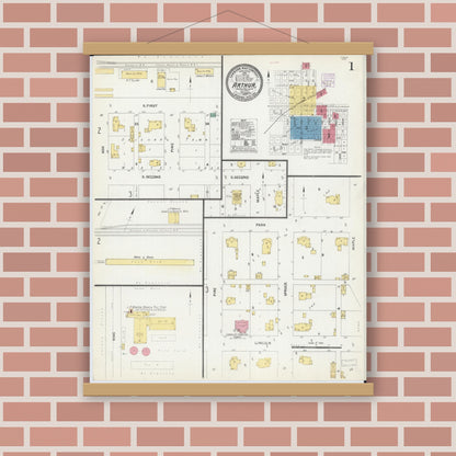Old map wall art mockup — magnetic wood frame on brick wall — Sanborn Fire Insurance Map from Arthur, Moultrie And Douglas Counties, Illinois (1907), Sheet #0001