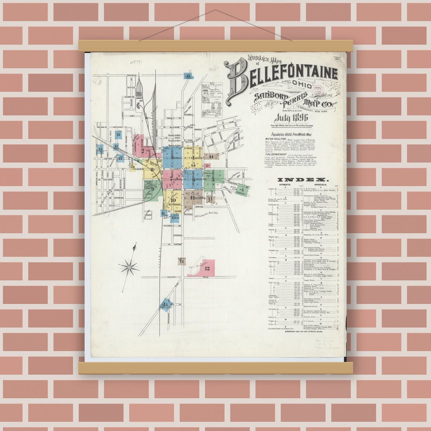 Old map wall art mockup — magnetic wood frame on brick wall — Sanborn Fire Insurance Map from Bellefontaine, Logan County, Ohio (1896) - Complete Map Set