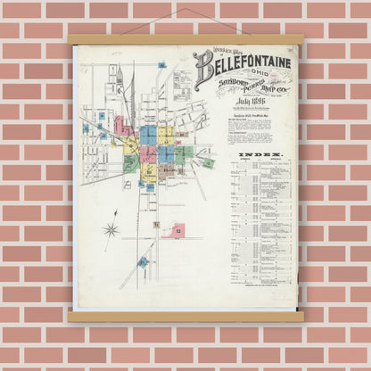 Old map wall art mockup — magnetic wood frame on brick wall — Sanborn Fire Insurance Map from Bellefontaine, Logan County, Ohio (1896) - Complete Map Set
