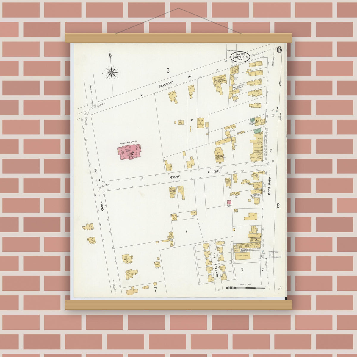 Old map wall art mockup — magnetic wood frame on brick wall — Sanborn Fire Insurance Map from Babylon, Suffolk County, New York (1908), Sheet #0006