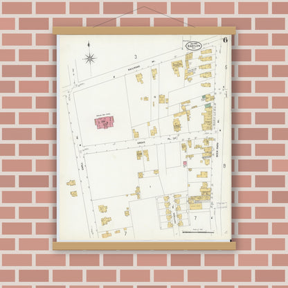 Old map wall art mockup — magnetic wood frame on brick wall — Sanborn Fire Insurance Map from Babylon, Suffolk County, New York (1908), Sheet #0006