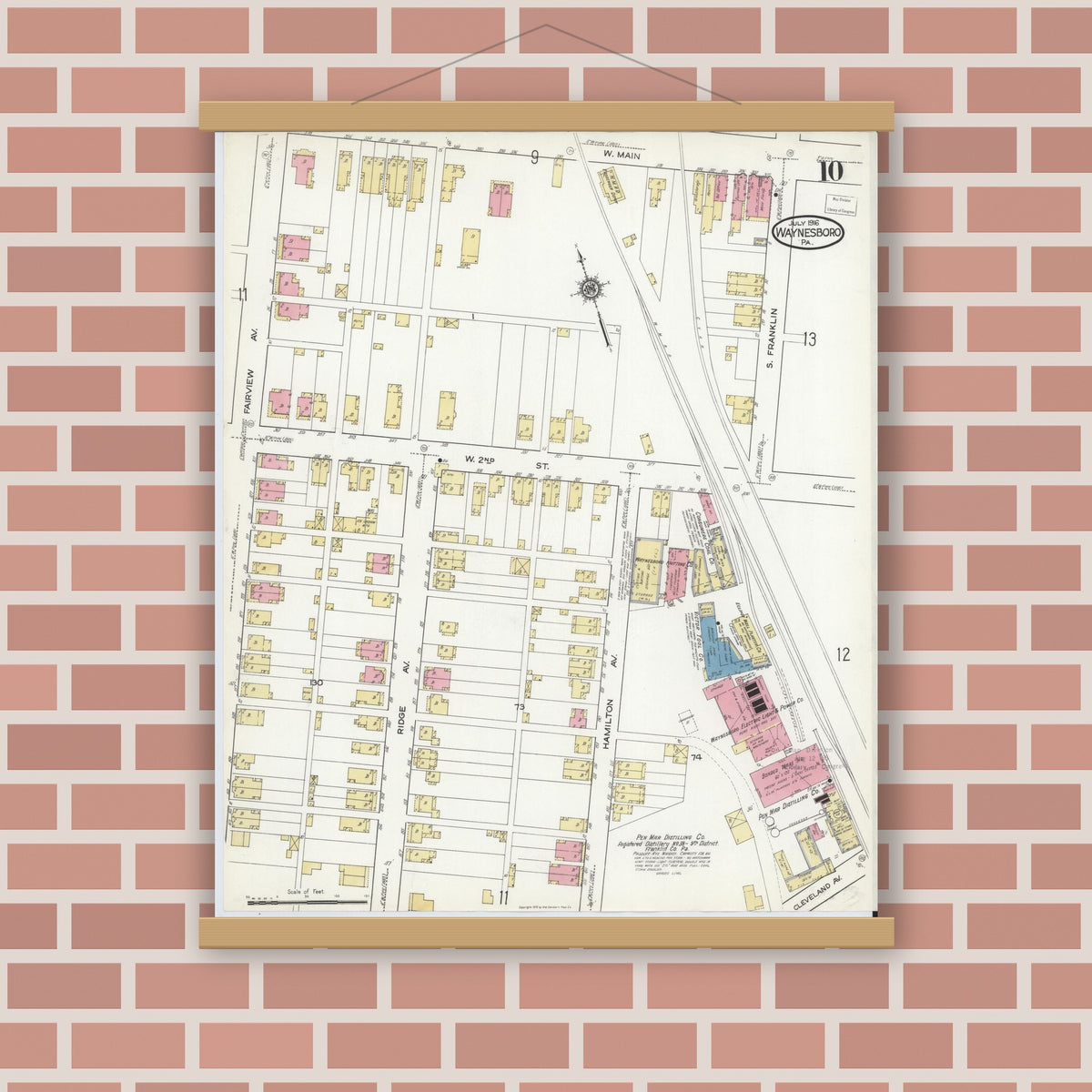 Old map wall art mockup — magnetic wood frame on brick wall — Sanborn Fire Insurance Map from Waynesboro, Franklin County, Pennsylvania (1916), Sheet #0010