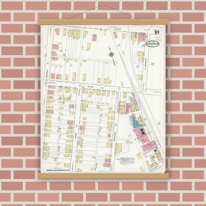 Old map wall art mockup — magnetic wood frame on brick wall — Sanborn Fire Insurance Map from Waynesboro, Franklin County, Pennsylvania (1916), Sheet #0010