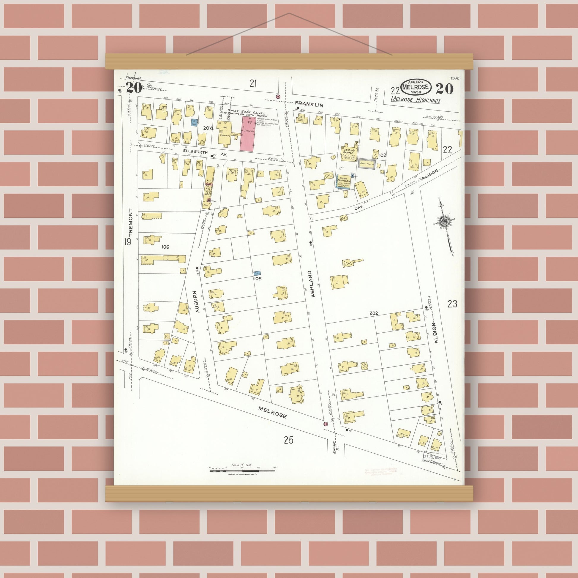 Old map wall art mockup — magnetic wood frame on brick wall — Sanborn Fire Insurance Map from Melrose, Middlesex County, Massachusetts (1923), Sheet #0020