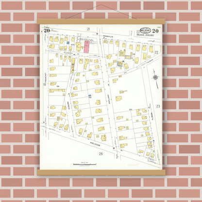 Old map wall art mockup — magnetic wood frame on brick wall — Sanborn Fire Insurance Map from Melrose, Middlesex County, Massachusetts (1923), Sheet #0020