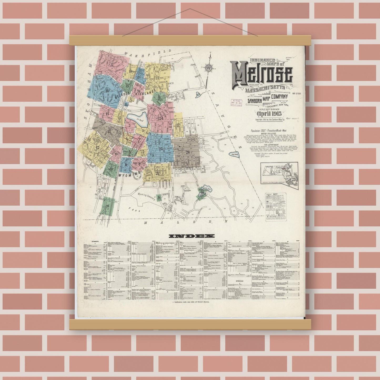 Old map wall art mockup — magnetic wood frame on brick wall — Sanborn Fire Insurance Map from Melrose, Middlesex County, Massachusetts (1915), Sheet #0001