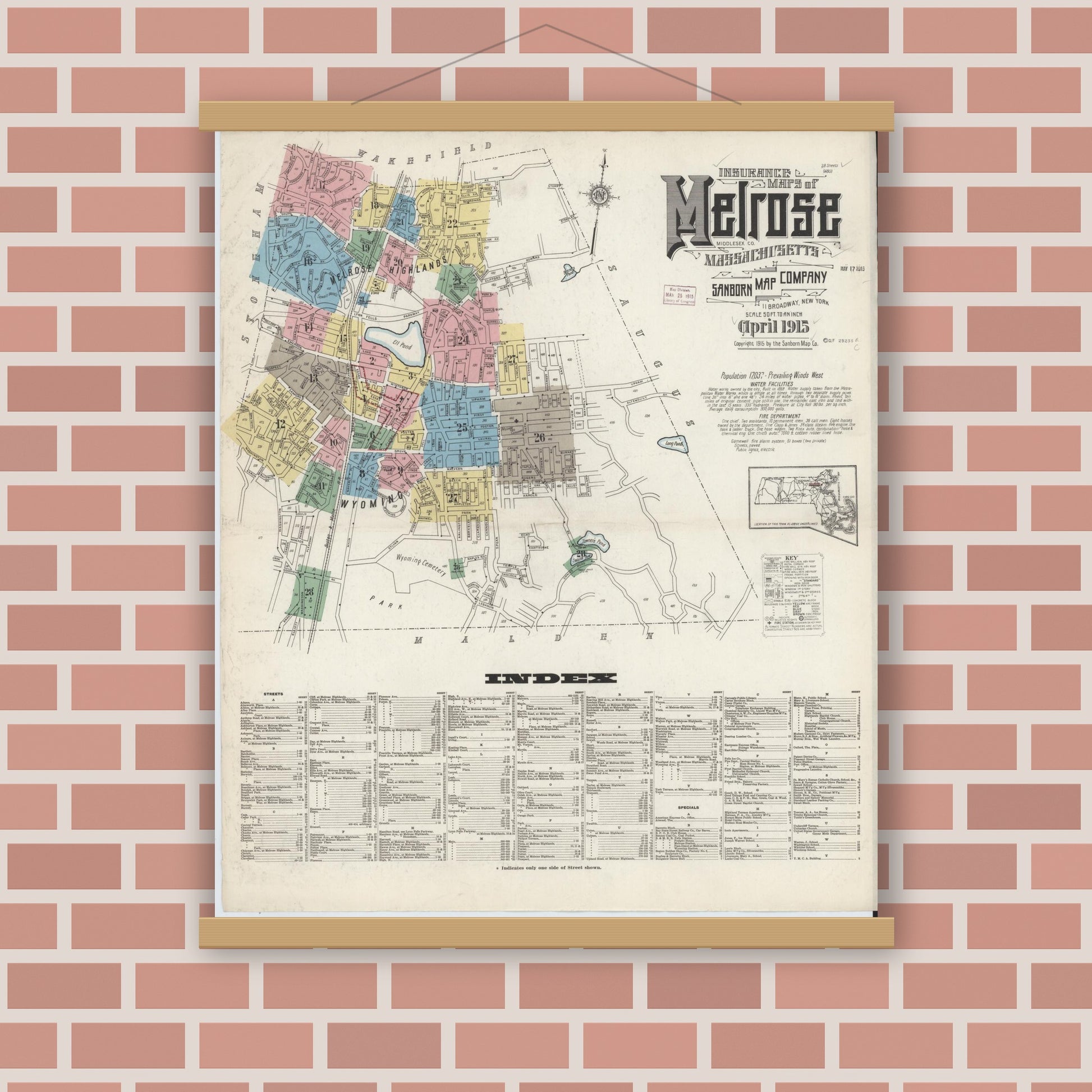 Old map wall art mockup — magnetic wood frame on brick wall — Sanborn Fire Insurance Map from Melrose, Middlesex County, Massachusetts (1915), Sheet #0001